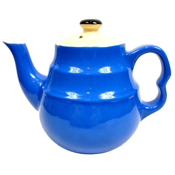 Vintage Blue Stoneware Oxford Style Teapot Made in USA 2 Ring Style 6.5" - Picture 2 of 9